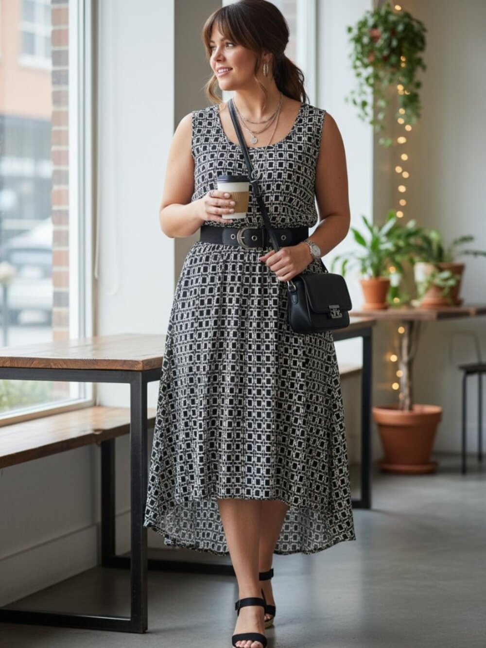 Black‎ and White Geometric Sleeveless High Low Dress